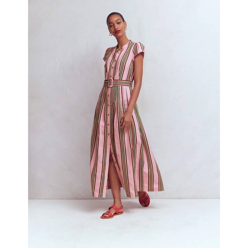 Boden Arabella Linen Blend Midi Dress Pink Green Striped Belted 16-18 ($260)